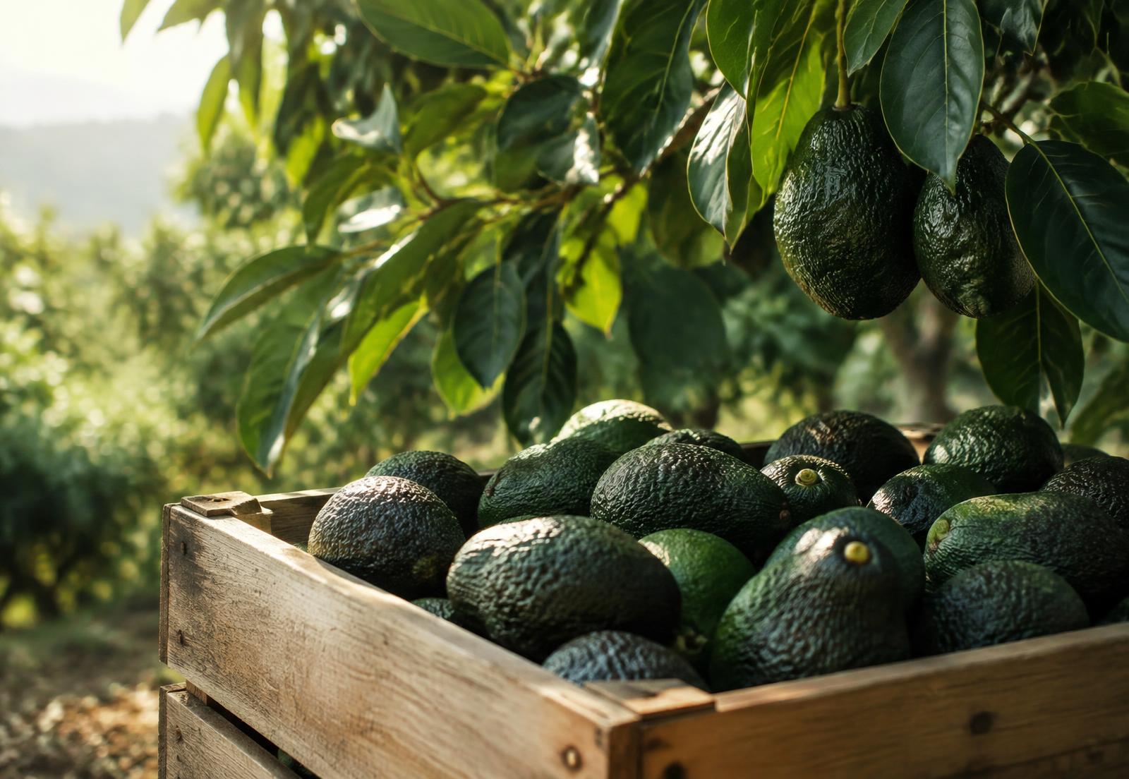 Aguacates Hass recién recolectados en una caja de madera bajo un árbol en una finca española